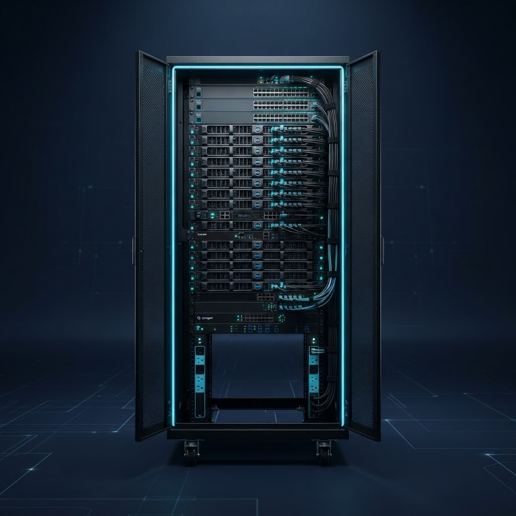 A 42U PrecisionX rack solution populated with rack-mounted servers, network switches, an out-of-band management gateway and dual power distribution units, with cyan accent lighting