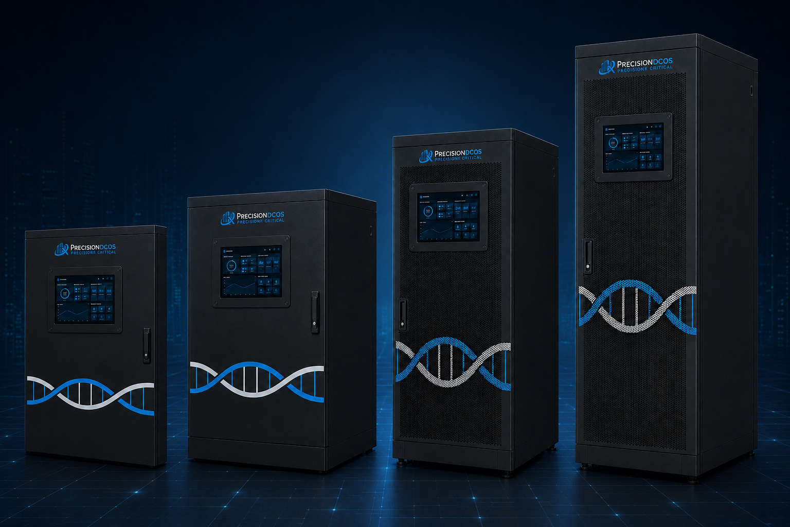 Lineup of four PrecisionX PrecisionDCOS branded black enclosures in increasing sizes on a dark blue tech backdrop, each fronted with a blue and silver DNA double-helix graphic